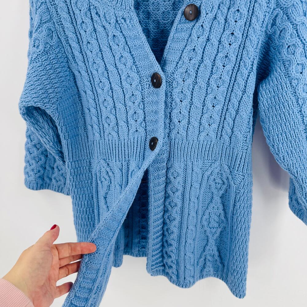 Kilronan Knitwear Irish Merino Wool Blue Aran Cardigan Buttons Small Fisherman - Picture 5 of 6